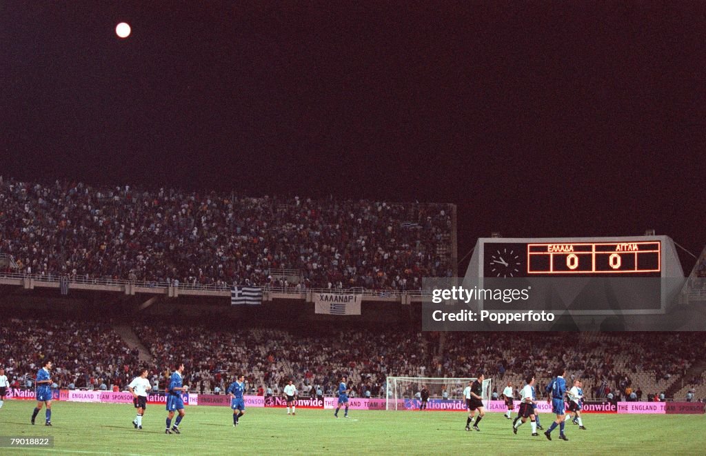 Football. 2002 World Cup Qualifier. Group 9. 6th June 2001. Athens. Greece 0 v England 2. A general view of the match in progress at the Olympic Stadium, with the electronic scoreboard in the background.