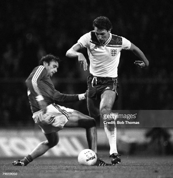Football, European Championship Qualifier, Wembley, 15th December 1982, England 9 v Luxembourg 0, England's Alvin Martin is challenged by...