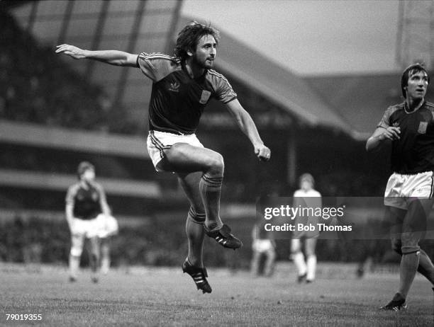 Football, Division One, 20th November 1982, Tottenham Hotspur 2 v West Ham United 1, West Ham's Frank Lampard fires in a shot watched by team-mate...