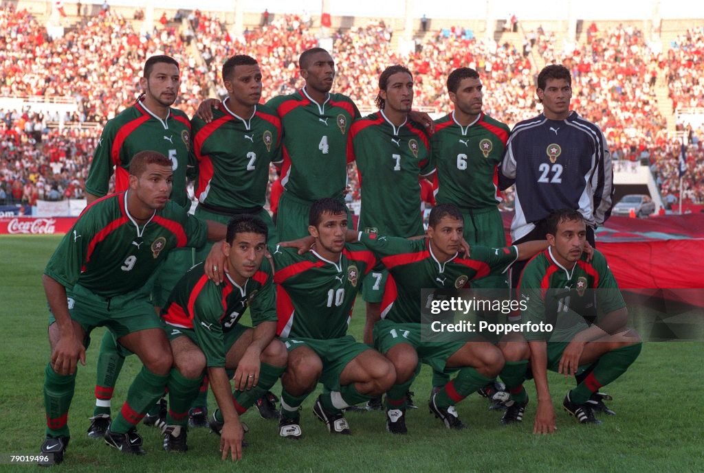 Football. 2002 World Cup Qualifier. African Second Round, Group C. 30th June 2001. Rabat. Morocco 1 v Egypt 0. The Morocco team pose together for a group photograph. Back Row L-R: Youssef Rossi, Rachid Benmahmoud, Abdeslam Ouaddou, Moustafa El Hadji, Nour