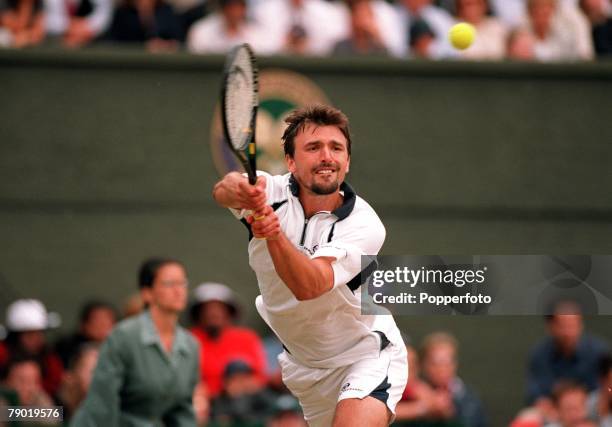 Tennis, 2001 All England Lawn Tennis Championships, Wimbledon, 9th July 2001, Mens Singles Final, Croatia's Goran Ivanisevic hits a double-handed...