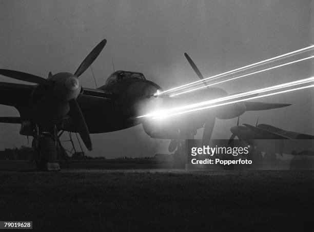 World War Two, Britain, 22nd November 1944, A Mosquito squadron demonstrates the powerful fire of the aircraft+s 20mm cannons and Browny machine guns