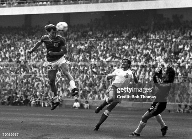 Football, World Cup Finals, Bilbao, Spain, Group Four, 16th June 1982, England 3 v France 1, England's captain Bryan Robson leaps to head past French...