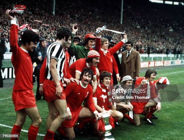 Football, 1974 FA Cup Final, Wembley Stadium, 4th May Liverpool 3 v Newcastle United 0, The Liverpool team celebrate with the FA Cup trophy after the...