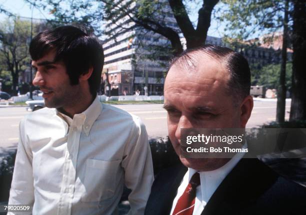 Football Manchester United's George Best in the city of Madrid in Spain with his father before the team's vital European Cup Semi Final Second Leg