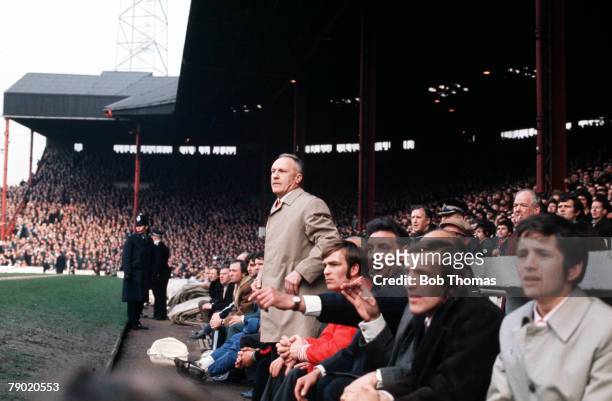 Sport, Football, 1970's, Members of the Liverpool bench watch events take place on the pitch, Pictured standing is legendary Manager Bill Shankly,...