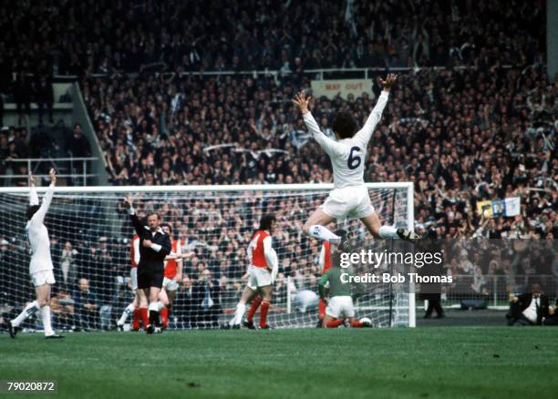 Football, 1972 FA Cup Final, Wembley Stadium, 6th May Leeds United 1 v Arsenal 0, Leeds United's Norman Hunter leaps into the air to celebrate as...