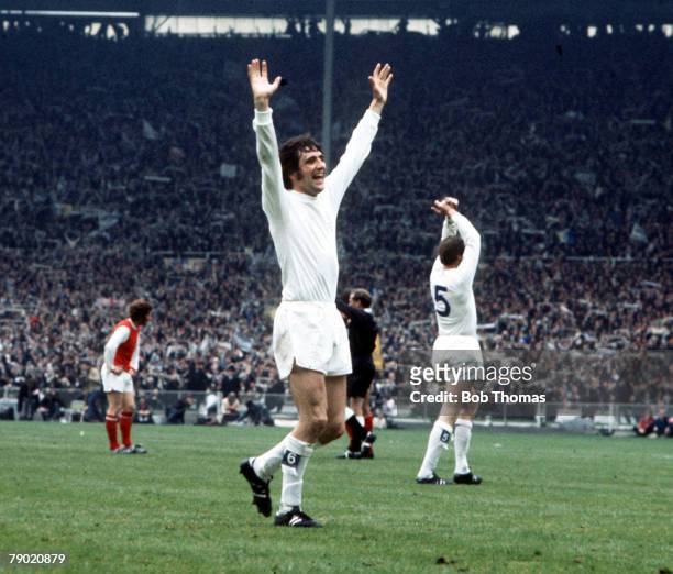 Football, 1972 FA Cup Final, Wembley Stadium, 6th May Leeds United 1 v Arsenal 0, Leeds United's Norman Hunter raises his arms at the final whistle...