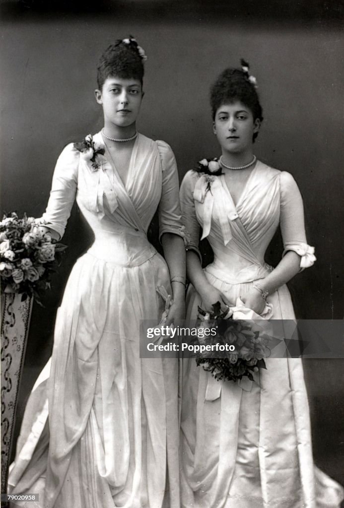 British Royalty. The Princesses Victoria and Maude, portrait, pic: circa 1890. The sisters are the daughters of the Prince and Princess of Wales.