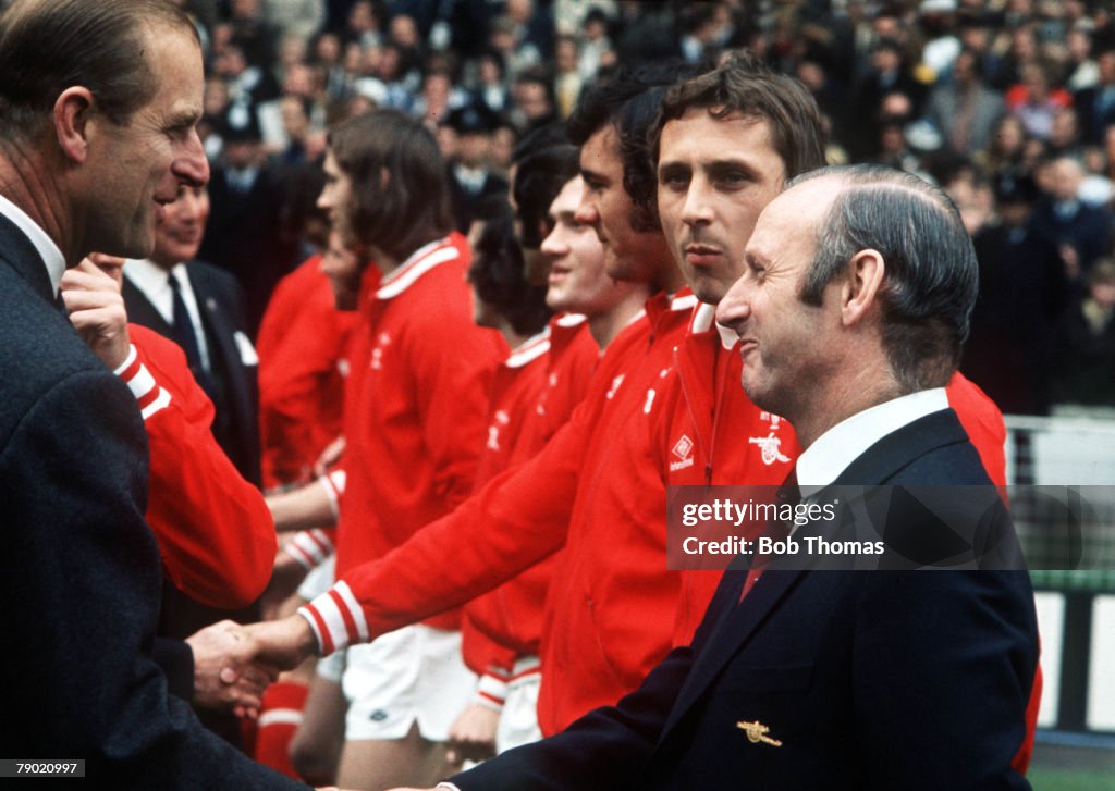 Football. 1972 FA Cup Final. Wembley Stadium. 6th May, 1972. Leeds United 1 v Arsenal 0. Prince Phillip, Duke of Edinburgh is introduced to Arsenal's manager Bertie Mee before the kick off.