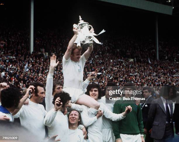 Football, 1972 FA Cup Final, Wembley Stadium, 6th May Leeds United 1 v Arsenal 0, Leeds United captain Billy Bremner is lifted onto the shoulders of...