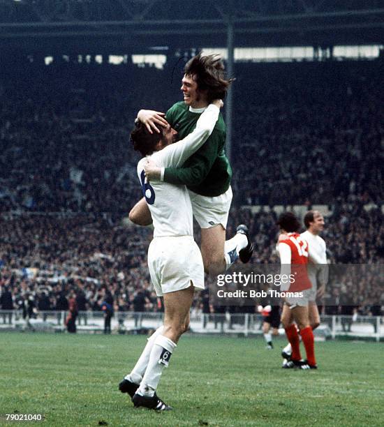 Football, 1972 FA Cup Final, Wembley Stadium, 6th May Leeds United 1 v Arsenal 0, Leeds United's Norman Hunter and goalkeeper David Harvey jump for...