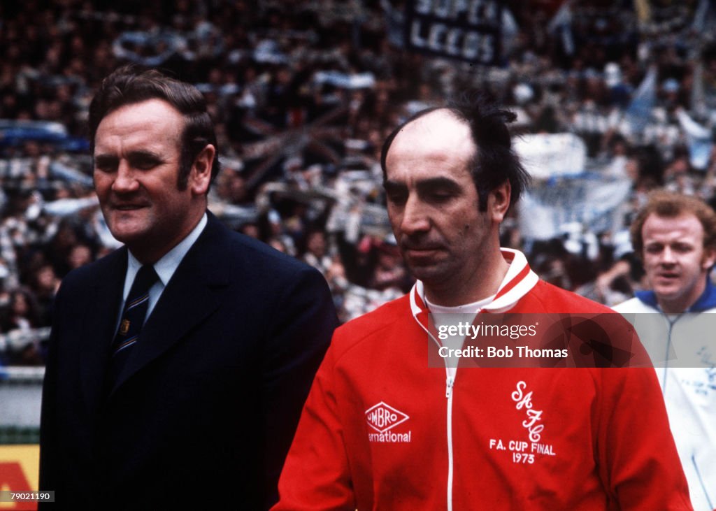Football. 1973 FA Cup Final. Wembley Stadium. 5th May, 1973. Sunderland 1 v Leeds United 0. Leeds manager Don Revie (left) and Sunderland manager Bob Stokoe lead their teams out before the match.