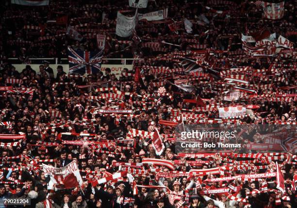 Football, 1973 FA Cup Final, Wembley Stadium, 5th May Sunderland 1 v Leeds United 0, A huge crowd of Sunderland fans during the match, waving scarves...