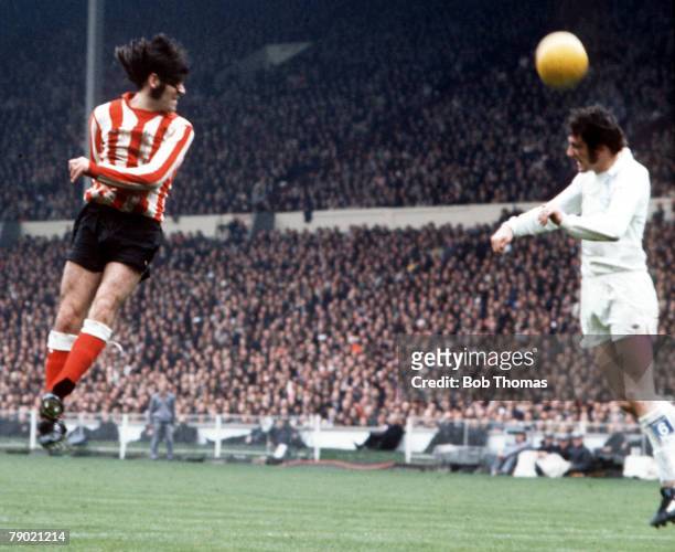 Football, 1973 FA Cup Final, Wembley Stadium, 5th May Sunderland 1 v Leeds United 0, Sunderland's Billy Hughes jumps up for the ball watched by Leeds...