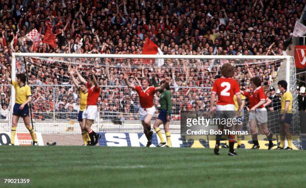 Football, 1979 FA Cup Final, Wembley, Arsenal 3 v Manchester United 2, 12th May Manchester United+s Gordon McQueen celebrates scoring in the first...