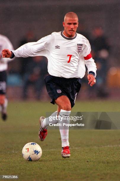 Football, Friendly International, Turin, 15th November Italy 1 v England 0, England+s David Beckham on the ball, wearing the captain+s armband for...