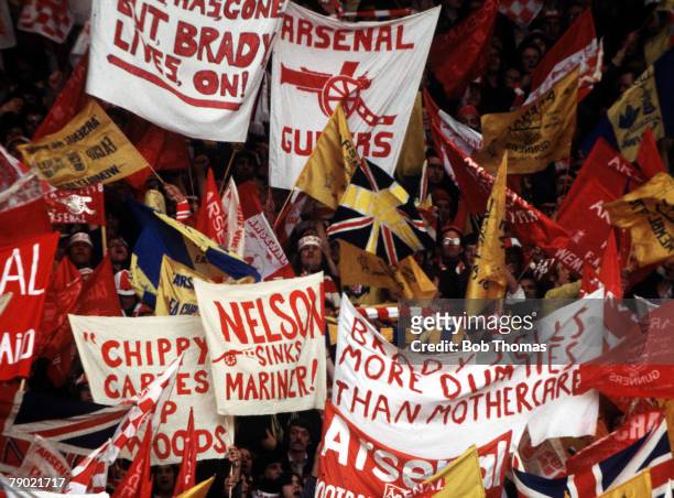 Football, 1978 FA Cup Final, Wembley, Ipswich Town 1 v Arsenal 0, 6th May Arsenal fans cheering on their team with amusing banners and masses of flags