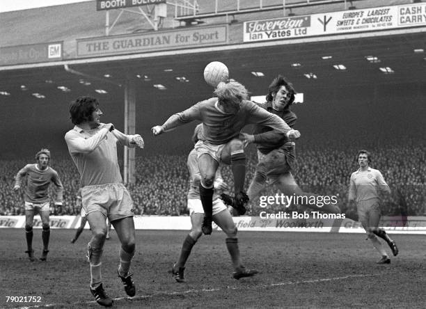 Sport, Football, Maine Road, England, 27th October 1973, Manchester City 0 v Leeds United 1, Leeds goalkeeper David Harvey punches clear under...