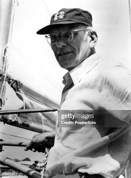 23rd May 1964, Plymouth, England, Francis Chichester is pictured on board his Cutter Gypsy Moth III as he prepares to race across the Atlantic...