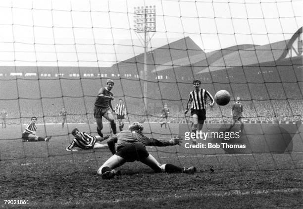 Football, 26th October 1968, Anfield, Liverpool, Liverpool v Newcastle United, Liverpool+s Roger Hunt scores past Newcastle United+s goalkeeper...