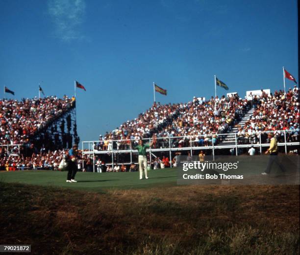 Golf,1977 British Open Golf Championship, Turnberry, USA's Tom Watson celebrates his victory with Jack Nicklaus,right, who was second