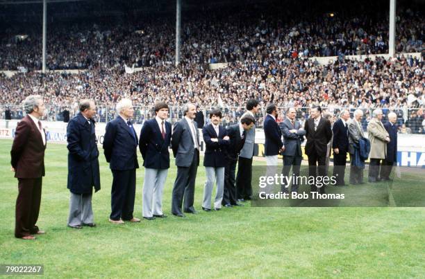 Football, 1981 FA Cup Final, Wembley, 9th May Tottenham Hotspur 1 v Manchester City 1, Former FA Cup winning captains line up on the pitch before the...