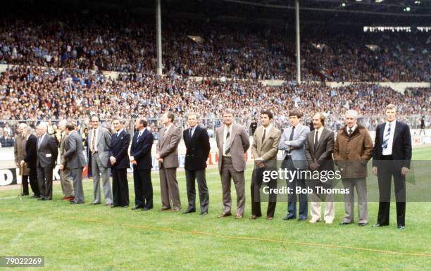 Football, 1981 FA Cup Final, Wembley, 9th May Tottenham Hotspur 1 v Manchester City 1, Former FA Cup winning captains line up on the pitch before the...