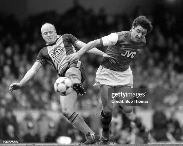 Football, England, League Division One, 3rd April 1983, Arsenal 0 v Southampton 0, Arsenal's Brian Talbot challenges Southampton's David Armstrong...