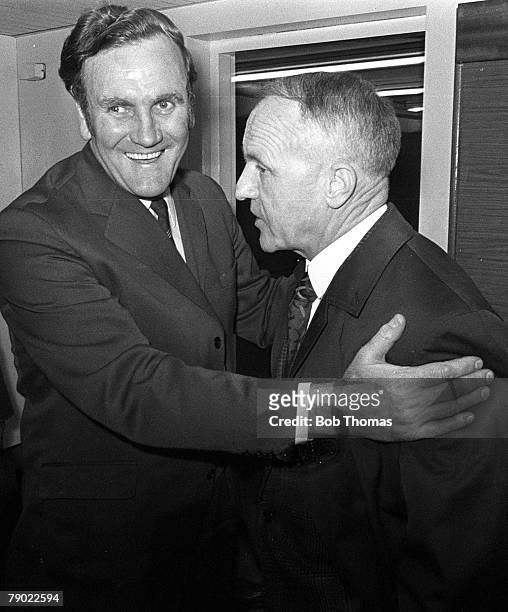 Sport, Football, Anfield, Liverpool, England, 23rd April 1973, League Division One, Liverpool 2 v Leeds United 0, Liverpool Manager Bill Shankly is...