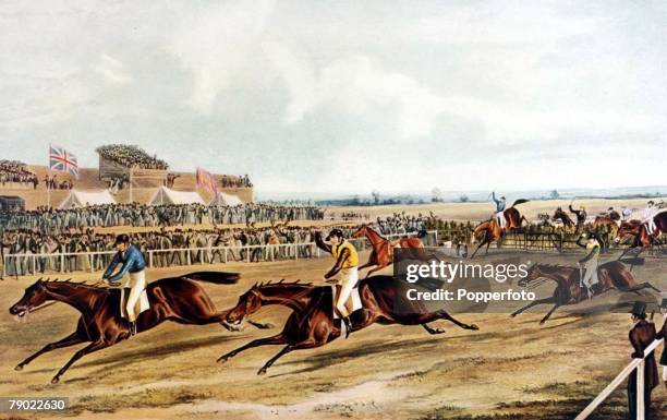 The Grand National Steeplechase, Aintree, Liverpool, England, 26th February 1839. Illustration, The 1839 Grand National shows the finish of the first...