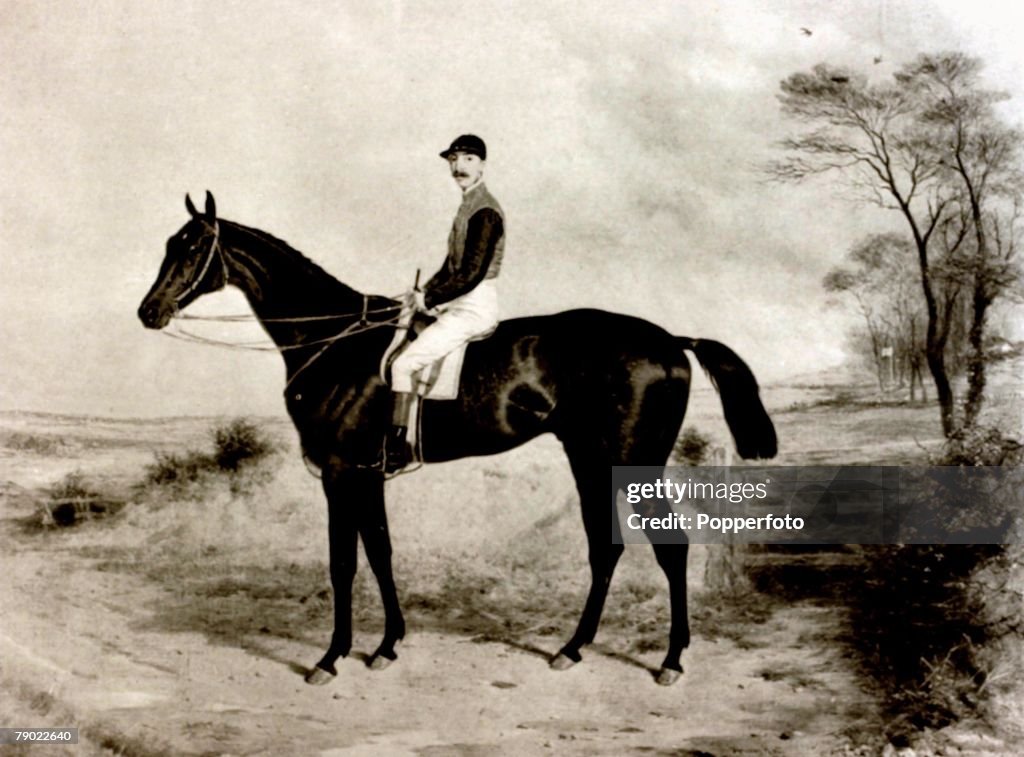Sport/Horse Racing. The Grand National Steeplechase. Aintree. Illustration. Lord Poulett's horse The Lamb winner in 1868 and 1871 with the famous amateur Mr. George Ede up.
