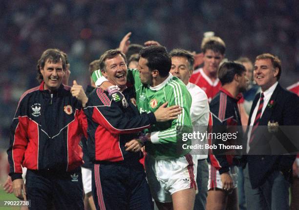 Football, 1990 FA Cup Final Replay, Wembley, 17th May Manchester United 1 v Crystal Palace 0, Jubilant Manchester United manager Alex Ferguson hugs...