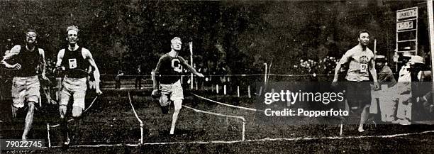 Sport, Athletics, 1900 Olympic Games, Paris, France, Mens 60 metres sprint, U,S,A's Alvin Kraenzlein, far left, wins the Gold medal from fellow...
