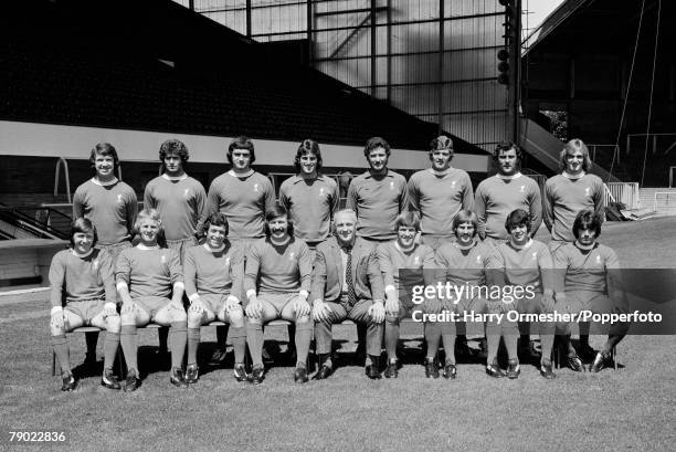 Liverpool FC's FA Cup Final squad line up for a team photograph at Anfield in Liverpool, England, circa May 1974. Back row : Chris Lawler, Phil...