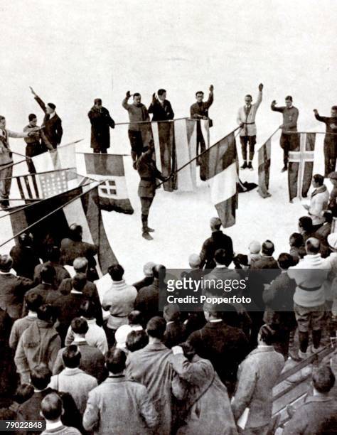 Sport, 1924 Winter Olympic Games, Chamonix, France, The flags of the participating countries are draped in a semi-circle at the opening ceremony