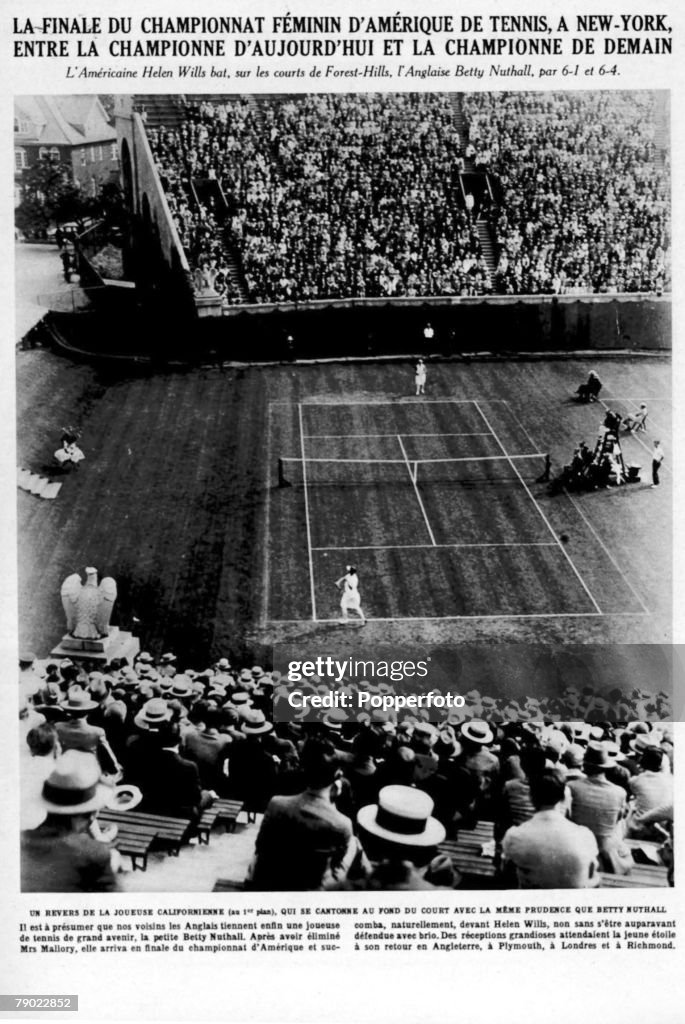Sport. Tennis. American Tennis Championships. Forest Hills, New York, U.S.A. general view shows U.S.A.'s Helen Wills on her way to beating Great Britain's Betty Nuthall, 6-1, 6-4. September 1927.
