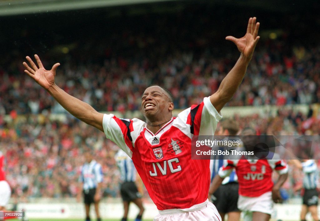 Football. 1993 FA Cup Final. Wembley. 15th May, 1993. Arsenal 1 v Sheffield Wednesday 1. Arsenal's Ian Wright turns away to celebrate after scoring his side's goal in the Final.