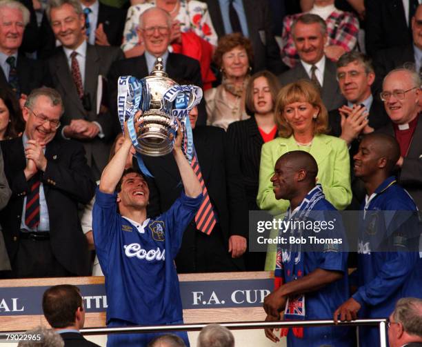 Football, 1997 FA Cup Final, Wembley, 17th May Chelsea 2 v Middlesbrough 0, Chelsea's Gianfranco Zola proudly holds aloft the trophy after the...