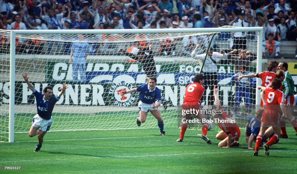 Football. 1989 FA Cup Final. Wembley. 20th May, 1989. Liverpool 3 v Everton 2 (aet.) Everton players Pat Nevin and Tony Cottee celebrate after Stuart McCall had scored their first goal in the penalty area.