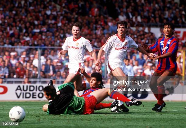 Football, 1990 FA Cup Final, Wembley, 12th May Manchester United 3 v Crystal Palace 3, Crystal Palace goalkeeper Nigel Martyn is beaten by Mark...