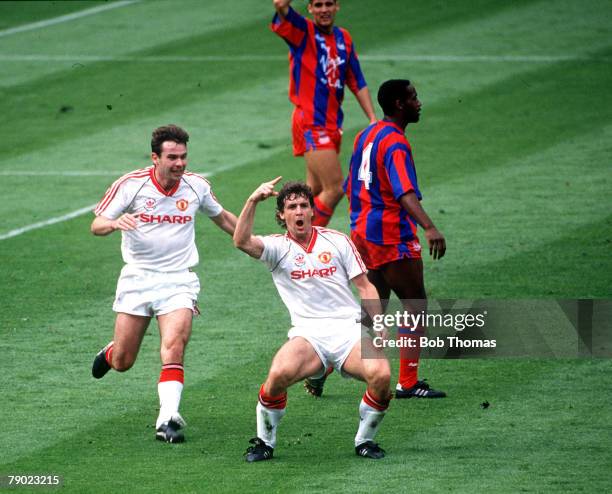 Football, 1990 FA Cup Final, Wembley, 12th May Manchester United 3 v Crystal Palace 3, Manchester United's Mark Hughes celebrates after scoring his...