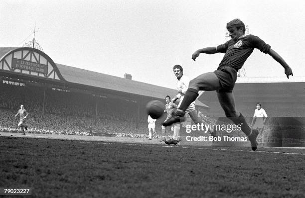 Sport, Football, England, 12th April 1968, League Division One, Liverpool 1 v Sheffield United 2, Liverpool's Roger Hunt shoots for goal at Anfield