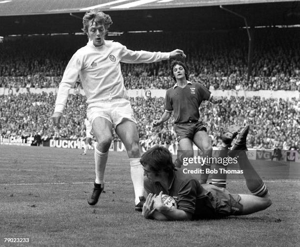 Sport, Football, England, 23rd August 1975, League Division One, Leeds United 1 v Ipswich Town 0, Leeds United striker Allan Clarke is denied by...