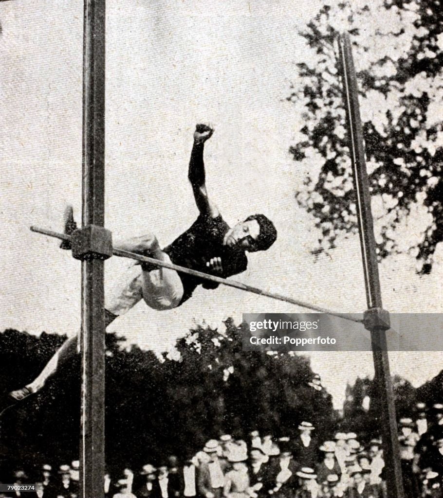 Sport. Athletics. 1900 Olympic Games. Paris, France. Mens High Jump. The Gold medal winner Irving Baxter of the U.S.A. seen in action.