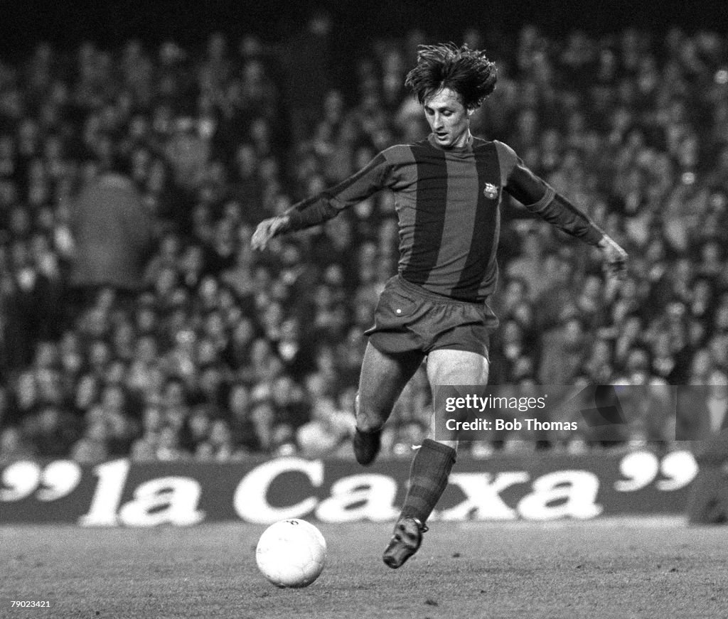 Sport. Football. Spain. 15th March 1978. UEFA Cup, Quarter Final, Second Leg. Barcelona 2 v Aston Villa 1 (Barcelona win 4-3 on aggregate). Barcelona's Johan Cruyff in action during the match at the Nou Camp Stadium.