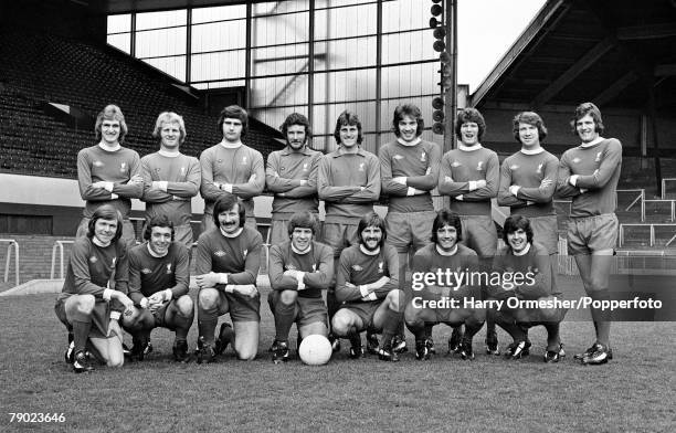 Liverpool's FA Cup Final squad line up for a team photograph at Anfield in Liverpool, England, circa May 1974. Back row : Phil Thompson, Alec...