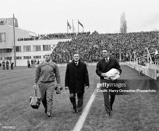 Liverpool FC manager Bob Paisley with his assistants Joe Fagan and Ronnie Moran before the European Cup Winners' Cup Second Round 2nd Leg match at...