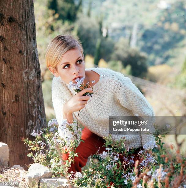 Modelling, A picture of British model Twiggy wearing a white jumper as she poses among wild flowers in this countryside picture