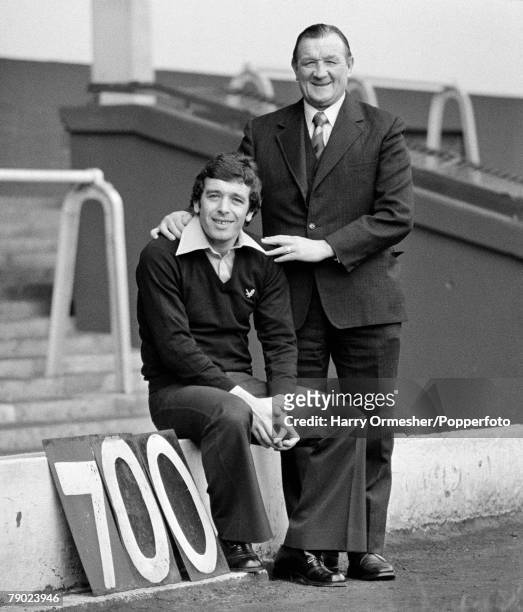 Liverpool FC manager Bob Paisley congratulates Ian Callaghan on playing 700 first team appearances for Liverpool at Anfield in Liverpool, England,...